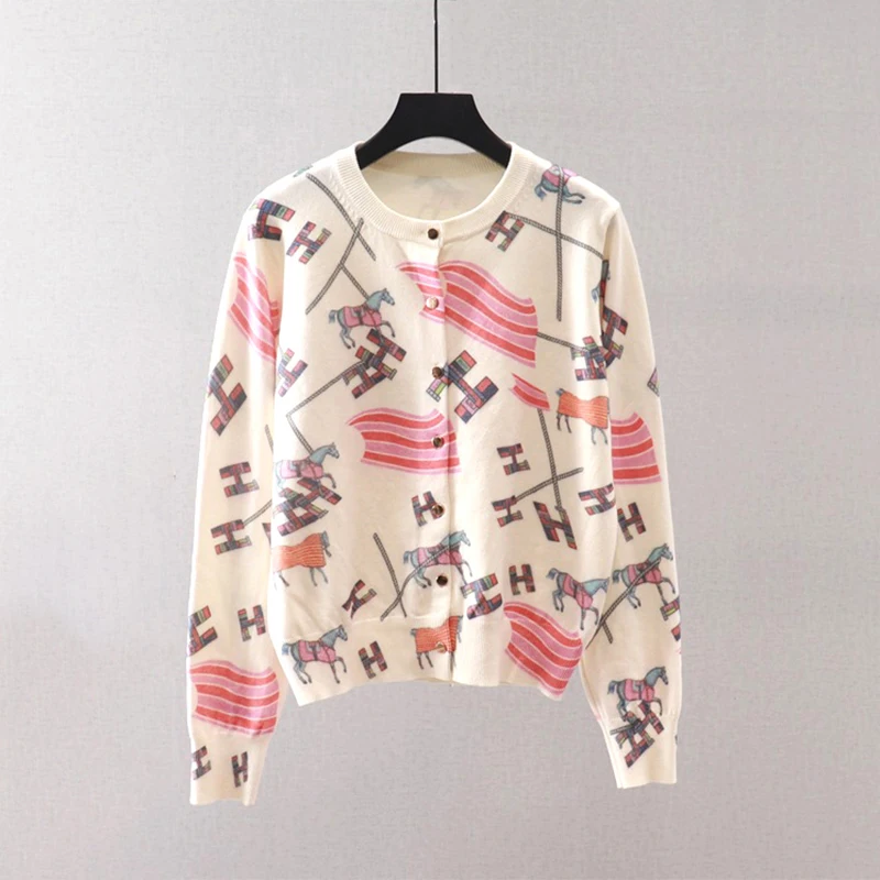 Rainbow Horse H Letter knit Cardigan Women Sweater Printed Pattern Tops Coat Fashion Luxury Spring Autumn Winter Female Clothing