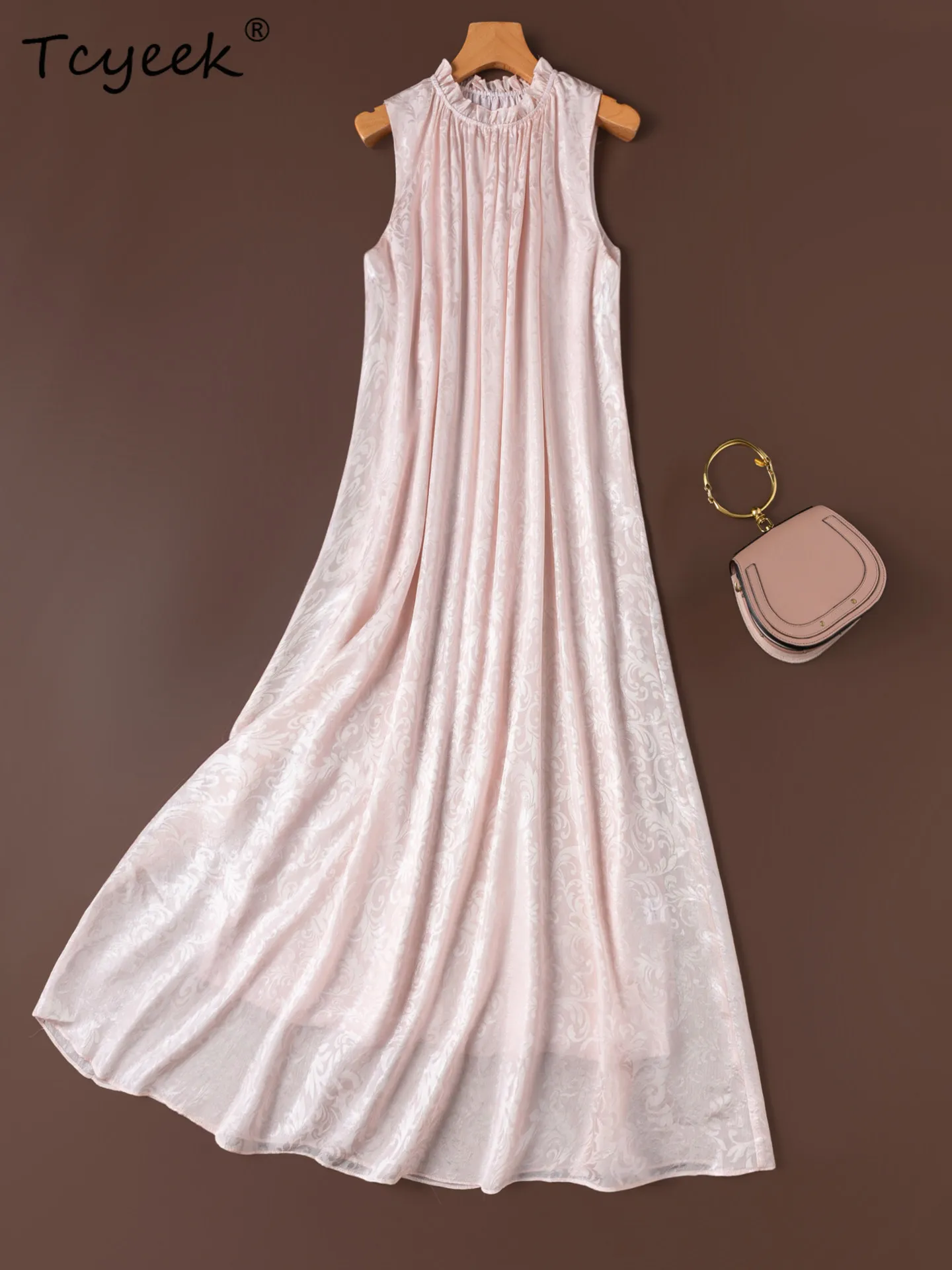 Tcyeek 100% Real Silk Maxi Dress for Women Elegant Womens Dresses Summer Clothes Vest Beach Dress Loose Fit Vestidos De Mujer
