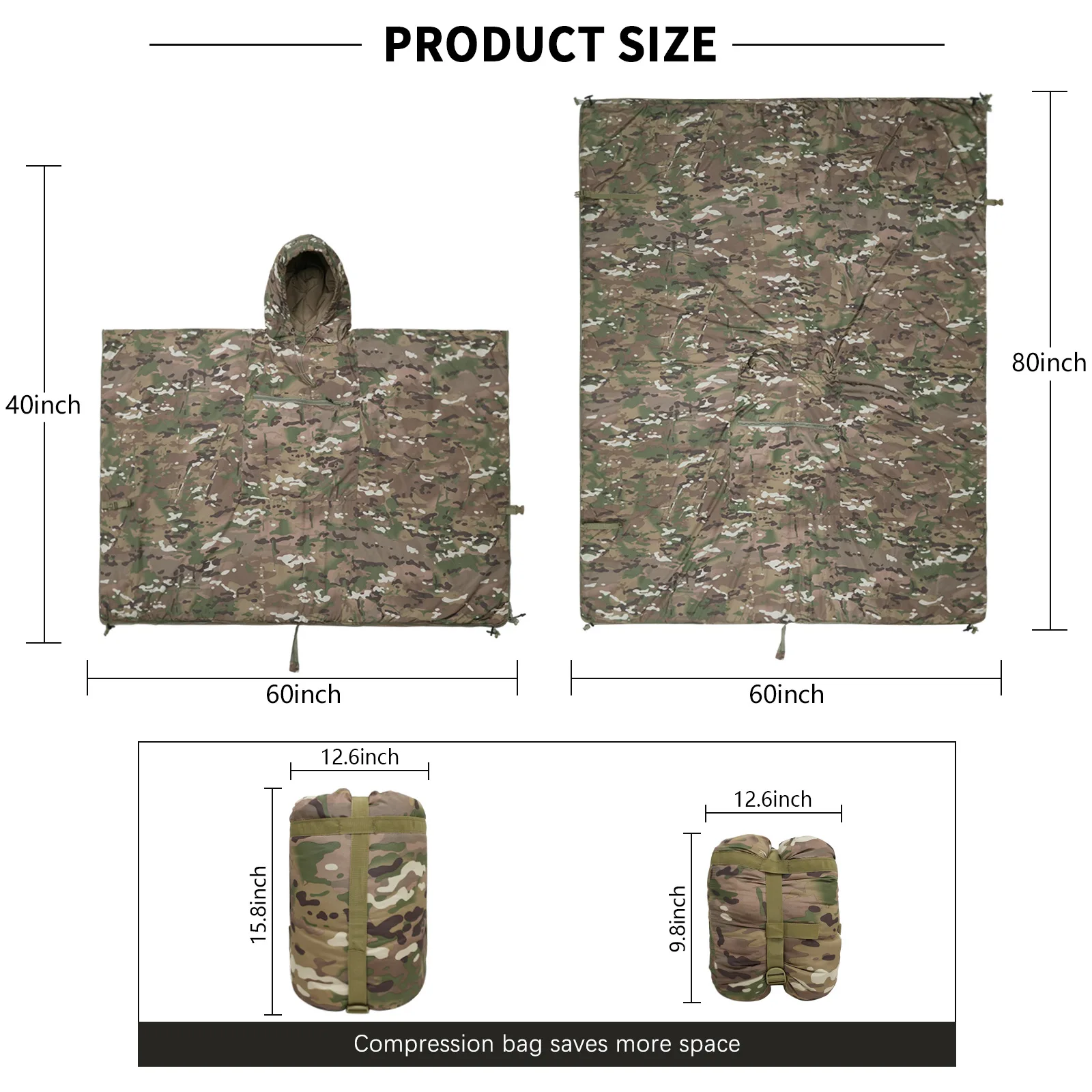Camo Thermal Sleeping Bag - Hooded All-in-One for Camping,Hiking & Survival Gear,Portable Emergency Outdoor Sleeping Sack