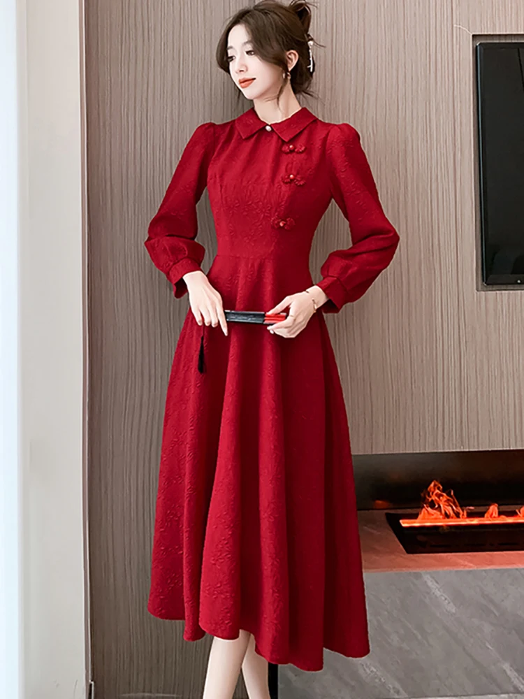 Women Red Jacquard Long Sleeve Polo Collar Midi Dress Autumn Winter Elegant Holiday Dress 2024 Korean Vintage Luxury Night Dress