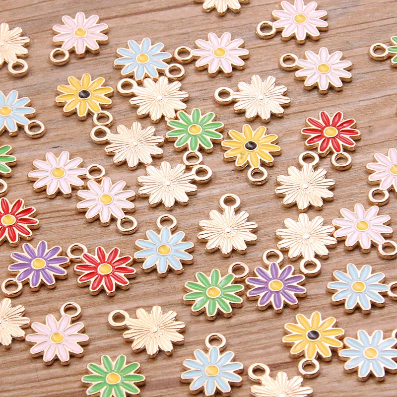 10PCS 7 Styles Mix Color Alloy Metal Drop Oil Colorful Flower Charms Plant Pendant For DIY Bracelet Necklace Jewelry Making