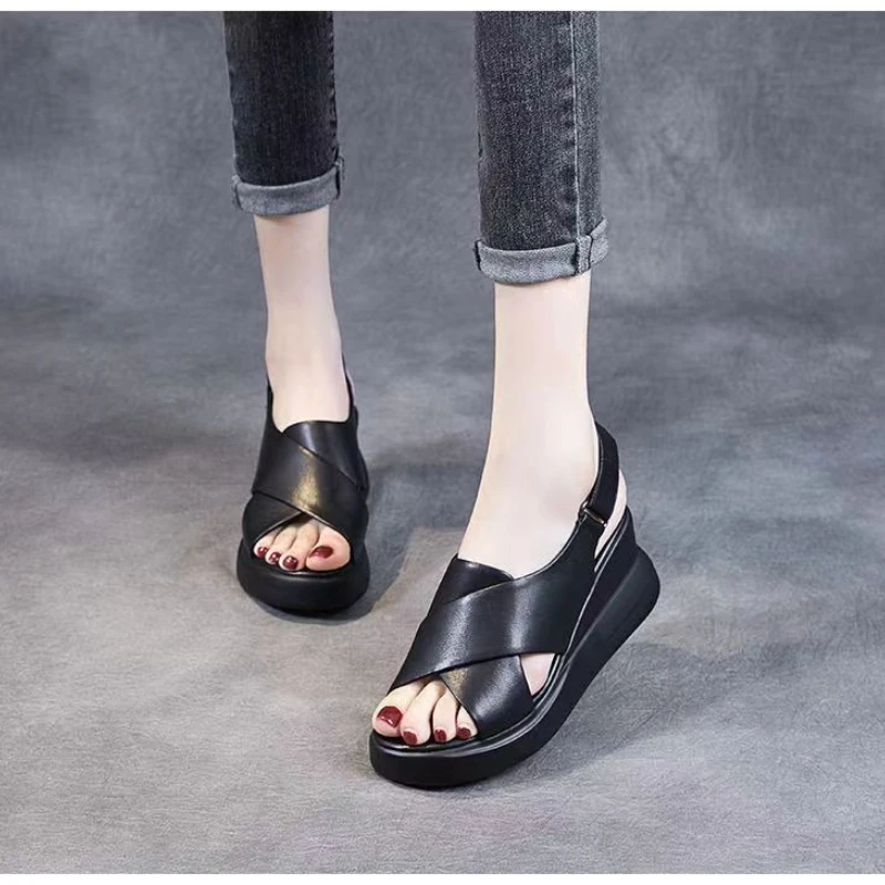 صيف جديد شريط مرن جلد ناعم إسفين كعب الصنادل النساء منصات فم السمكة الأحذية الإناث #6
