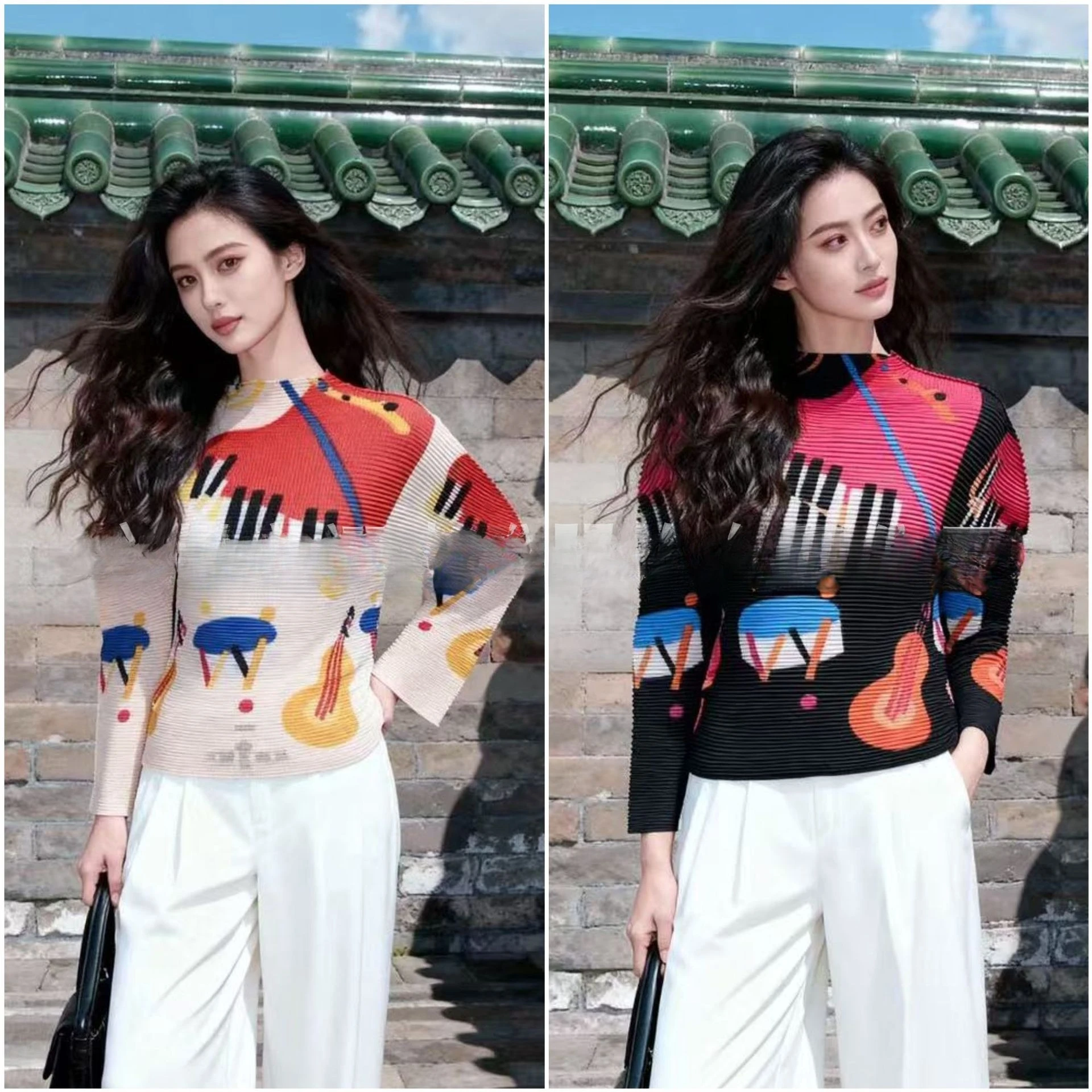 

Miyake Pleated 2025 Winter New Printed Half-high Neck Bottoming Shirt Pleated Thin Temperament Commuting Casual T-shirt Pleated