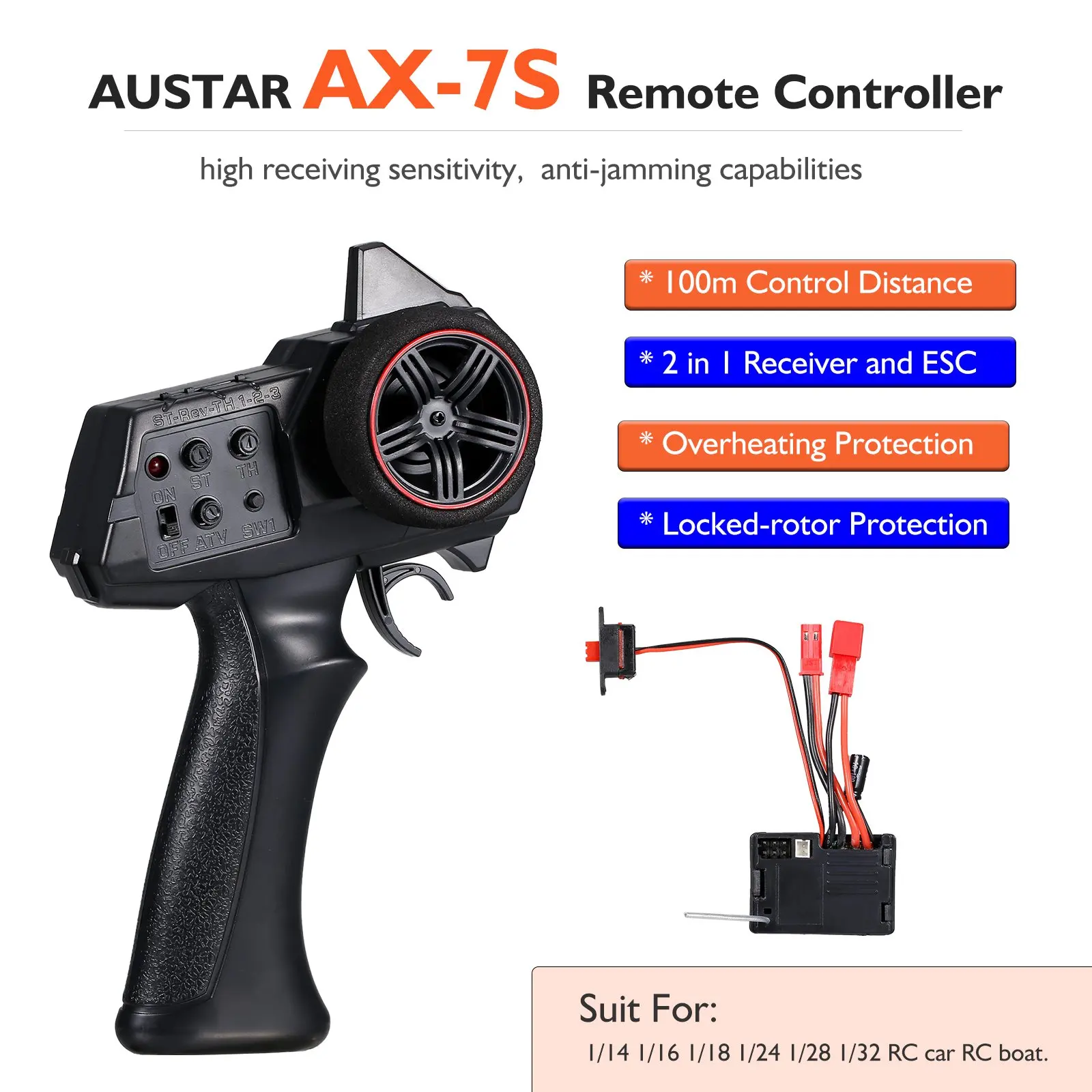 AX-7S-mando a distancia AX7S 2,4G, transmisor de 3 canales con receptor 2 en 1 ESC para WPL, D12 MN, D90, MN99S, MN86, coche RC, barco