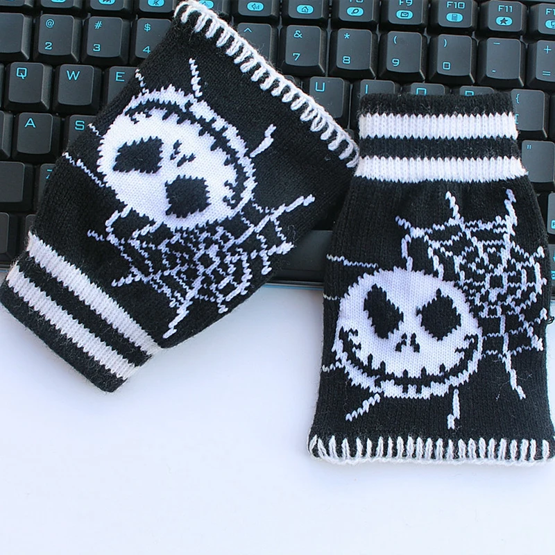 Halloween Cosplay Spider Web Gloves Women Gothic Knitted Fingerless Mittens Hip Hop Skull Half Finger Gloves Streetwear