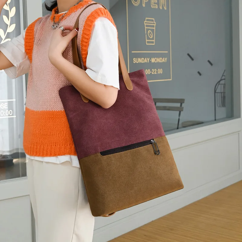 

Износостойкая холщовая сумка через плечо для женщин, вертикальный квадратный рюкзак с цветными вставками, сумка-тоут для ношения в руке