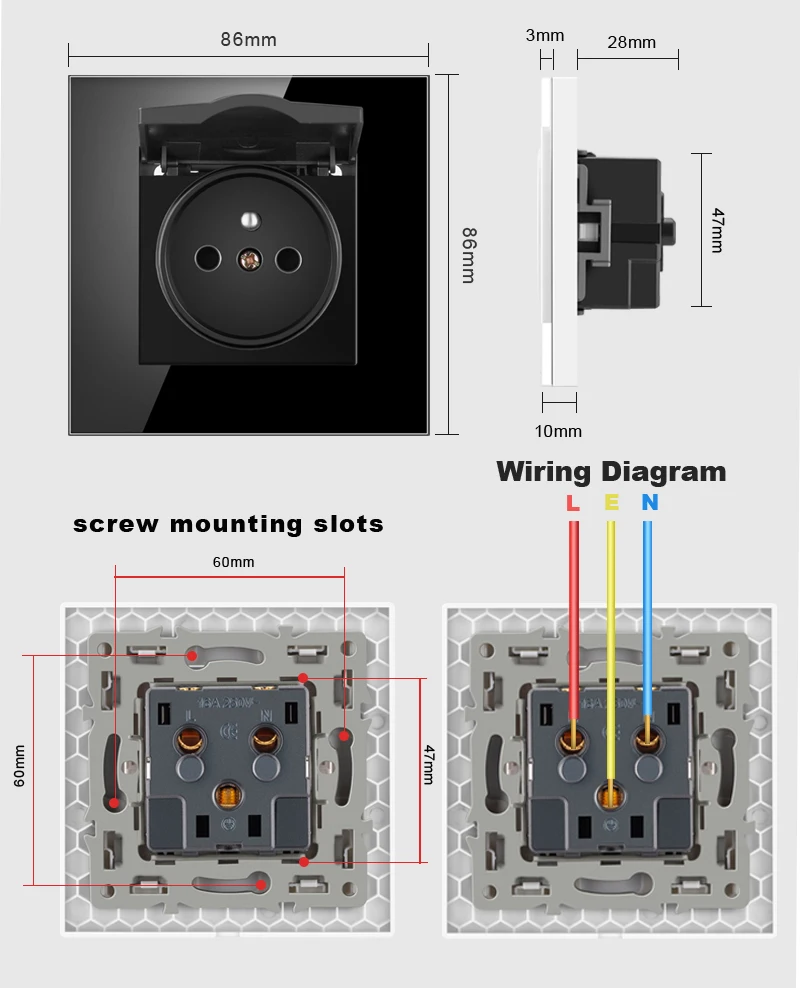 JHJCH-enchufe de pared de doble marco de Francia panel de cristal blanco/negro de 16A 220V 157mm x 86mm toma de corriente