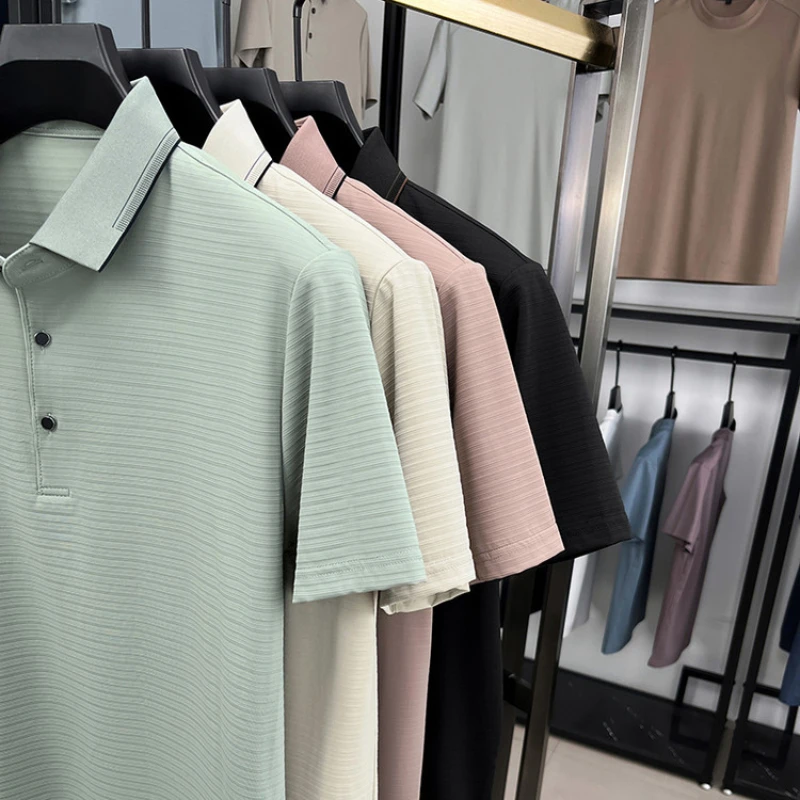 Men Short Sleeve T-Shirt Subtle Striped Texture Classic Collar Design with Button Details - Soft and Breathable Fabric POLO