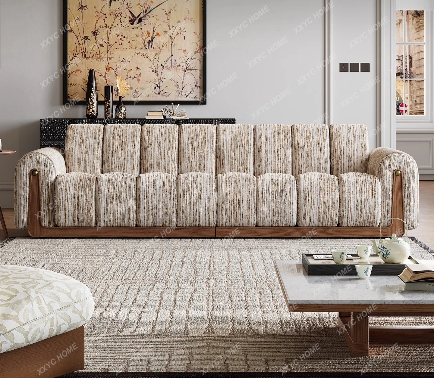 Solid wood straight row U Valley sofa size apartment living room