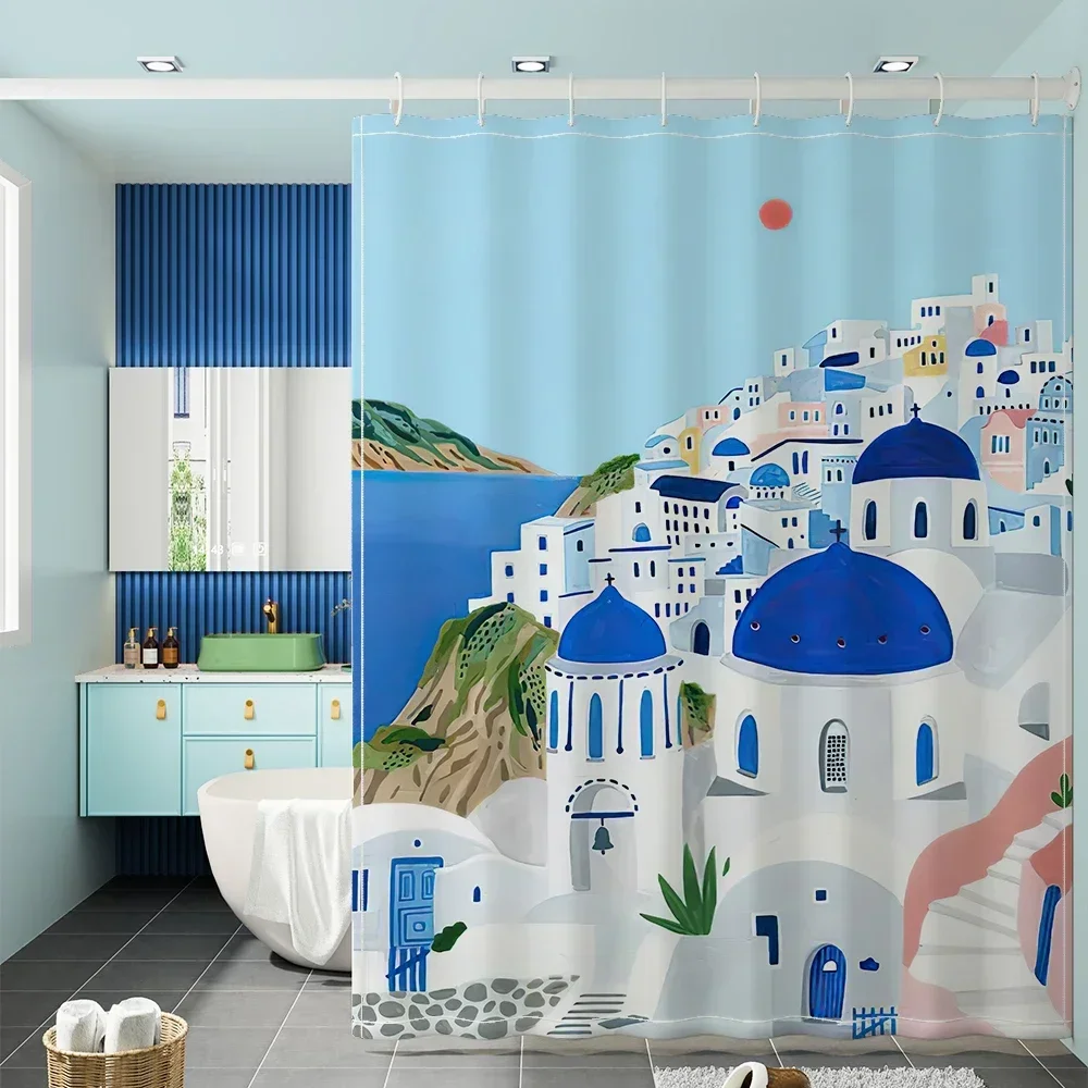 

Charming Santorini Scene Shower Curtain - Greek Island Design for Modern Bathroom Décor, Waterproof, Easy Care & Unique Style