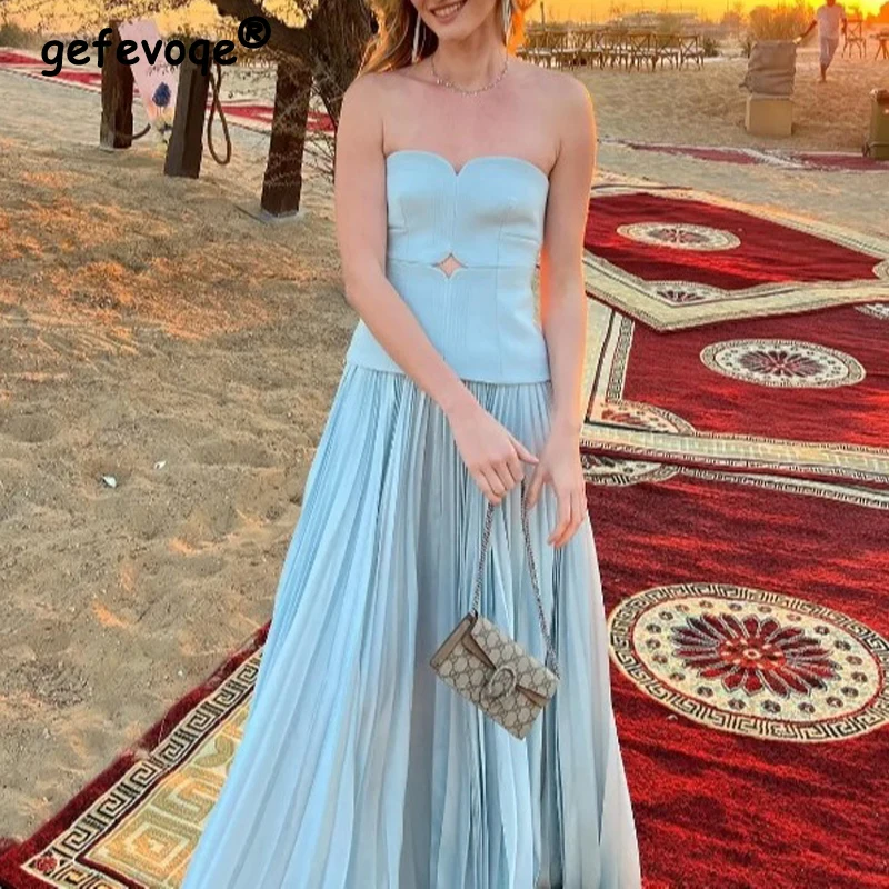 

Women's Sexy Off Shoulder Strapless Elegant Evening Party Long Dresses Summer Sleeveless Hollow Slim Pleated Maxi Dress Vestidos