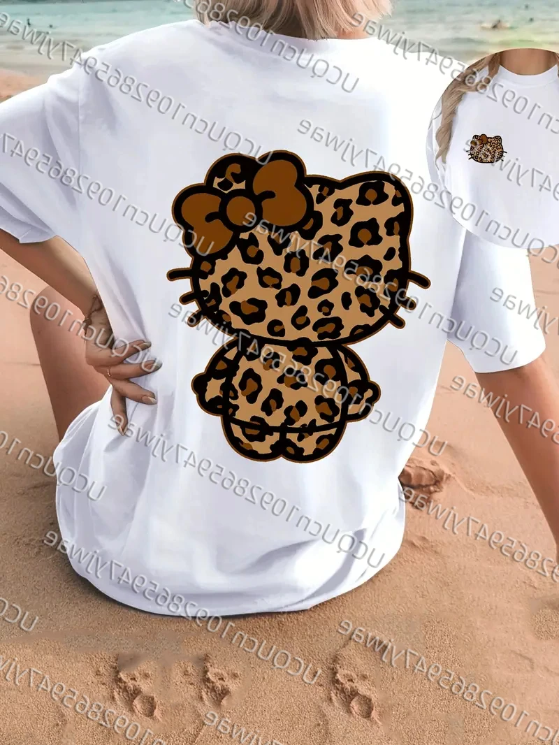 

Fashion Casual Sporty Leopard Hello Kitty 3D Print Graphic Women T-Shirt Girl Round Neck Tee Outdoor Sports Adult loose T-shirt