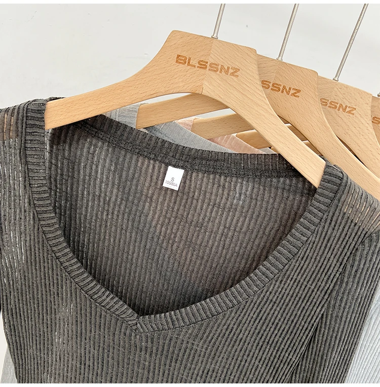 2026 Sommer Neuer Lässiger Stil Transparentes Dünnes Durchsichtiges Überzug-Top Damen T-Shirt V-Ausschnitt Sonnenschutz Langarm T-Shirt – Detail 26