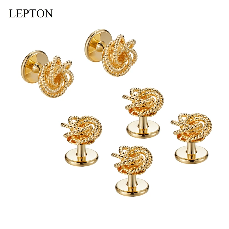 Low-key Luxury Metal Knots Cufflinks Tuxedo Studs Sets Lepton 14K Gold Color Plating Cuff links Collar Studs Cufflink For Mens