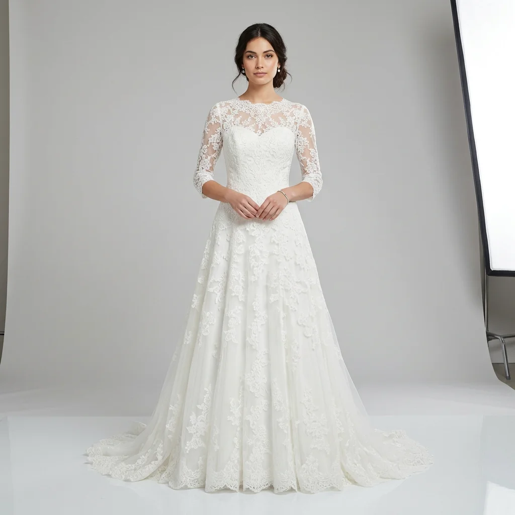 Illusion Neck 3/4 Sleeve Lace A Line Wedding Dress Floral Lace Chapel Train Modest Bridal Gown