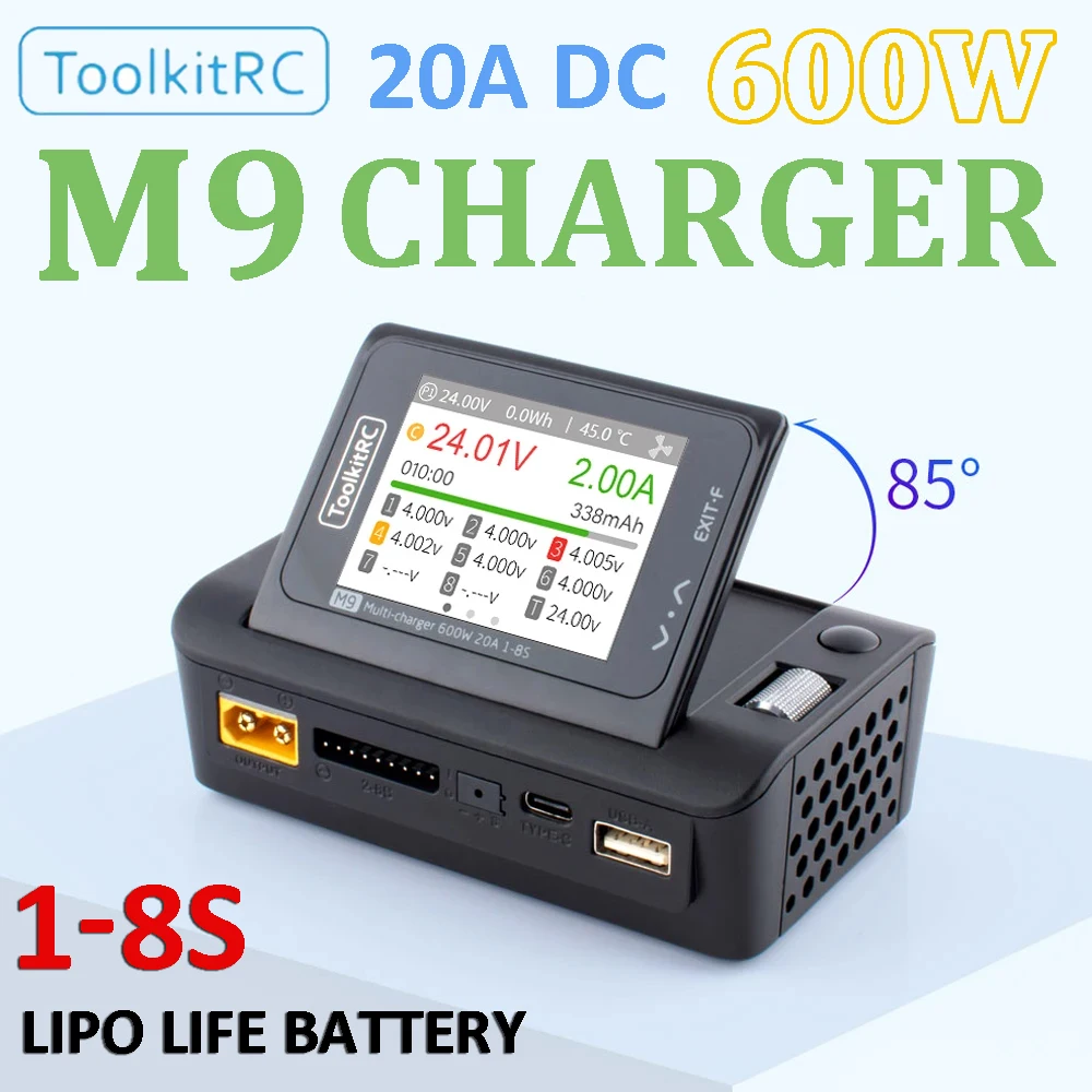 ToolkitRC M9 600W 20A USB charge rapide DC chargeur d'équilibre intelligent Angle d'écran réglable avec fonction Audio pour batterie Lipo 1-8S