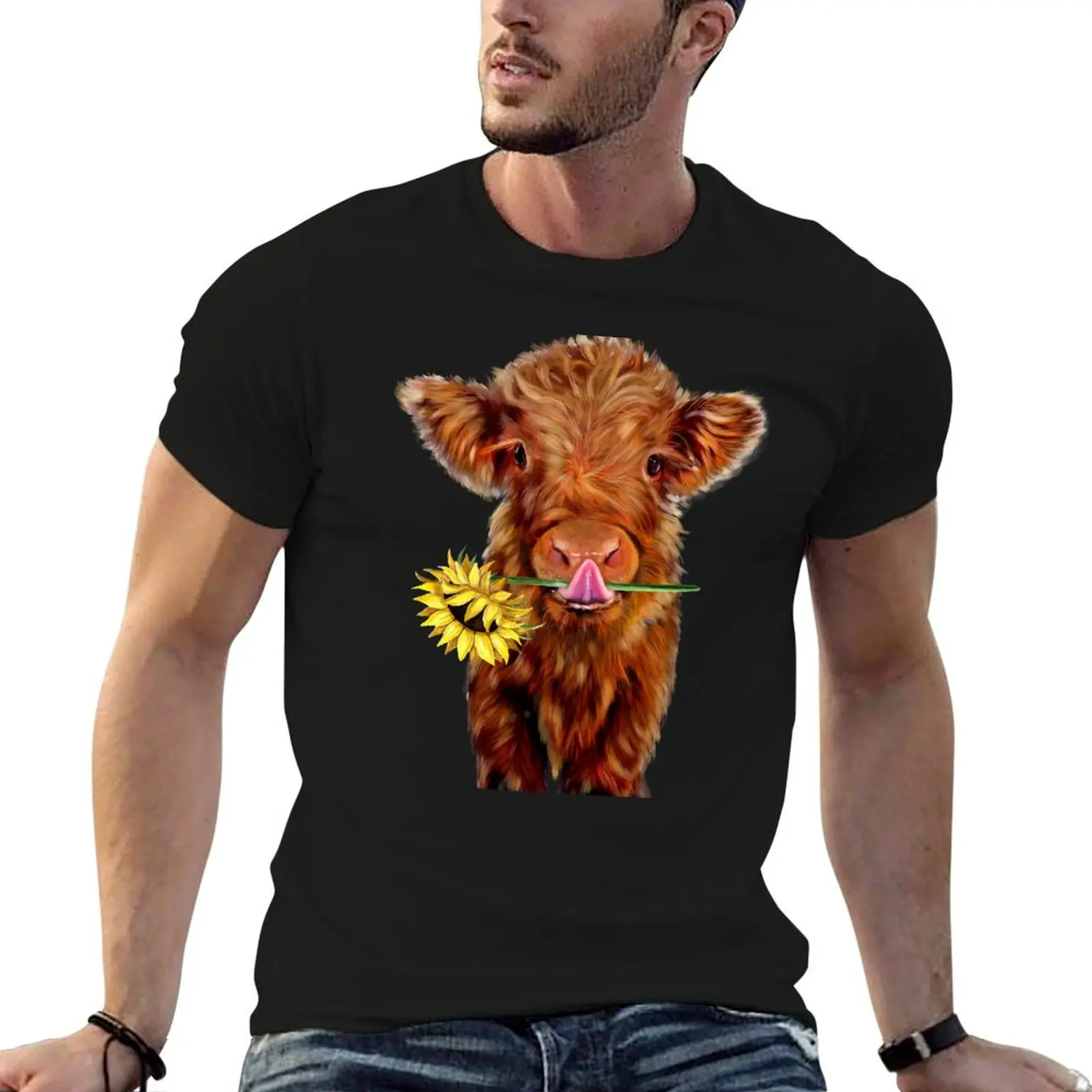 Baby Highland Cow With Sunflower T-Shirt Big Size Loose Fit Tee Shirt