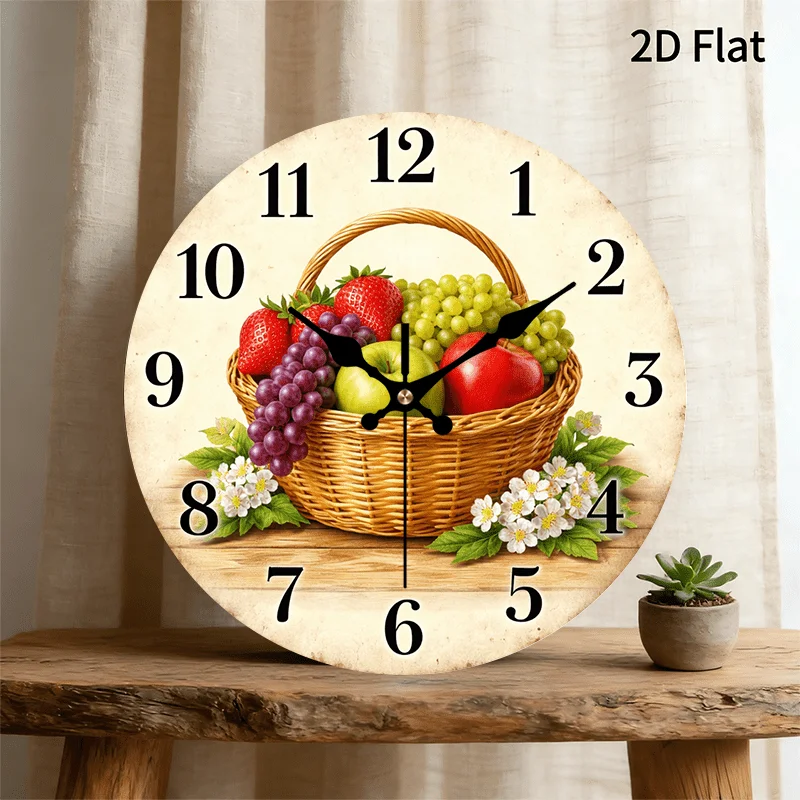 2D Flat Surface. 1pc Wall Clock: Fruit Basket Design, Vintage-style Clock, a Must-have Silent Round Clock