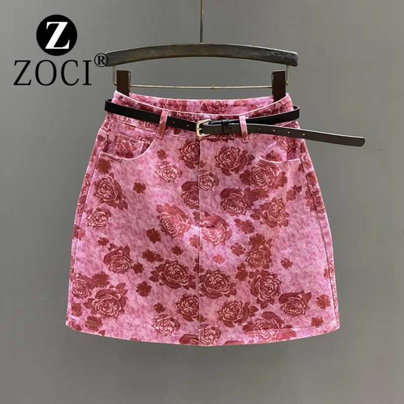 [Zoci] 2024 Zomer Nieuwe Bloemenprint Denim Korte Rok Hoge Taille Slanke Look, Modieuze A-Line Heupverpakking Half