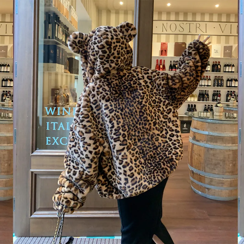 Winter Korean Warm Leopard Print Bear Fur Coat Loose Hooded Zipper Imitation Rabbit Hair Cropped Jacket Female Outerwear H2639