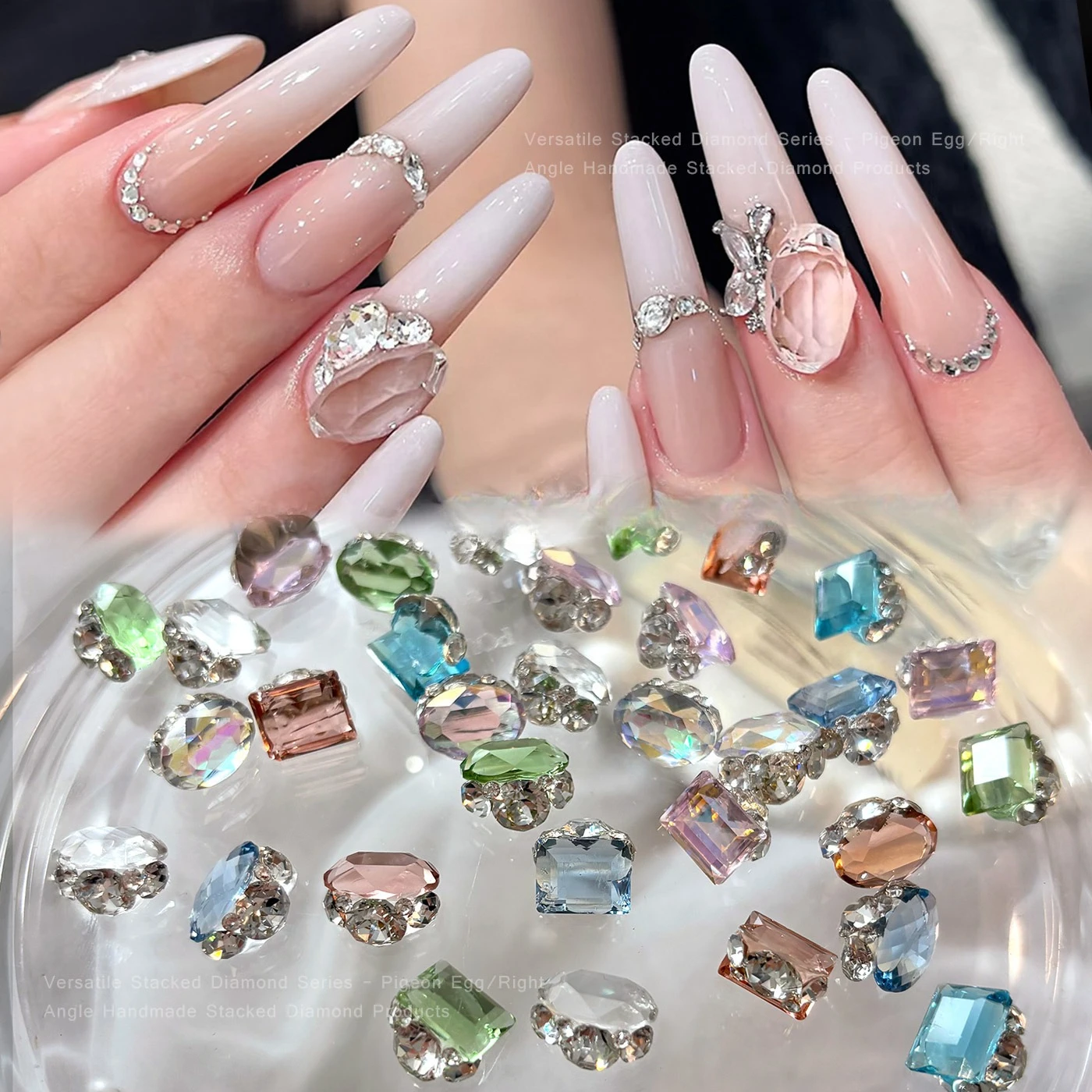 6Pcs No‑base Transparent Nail Charms, Handmade Crystal Pigeon Egg & Square Rhinestone Cluster, DIY Manicure Decorations