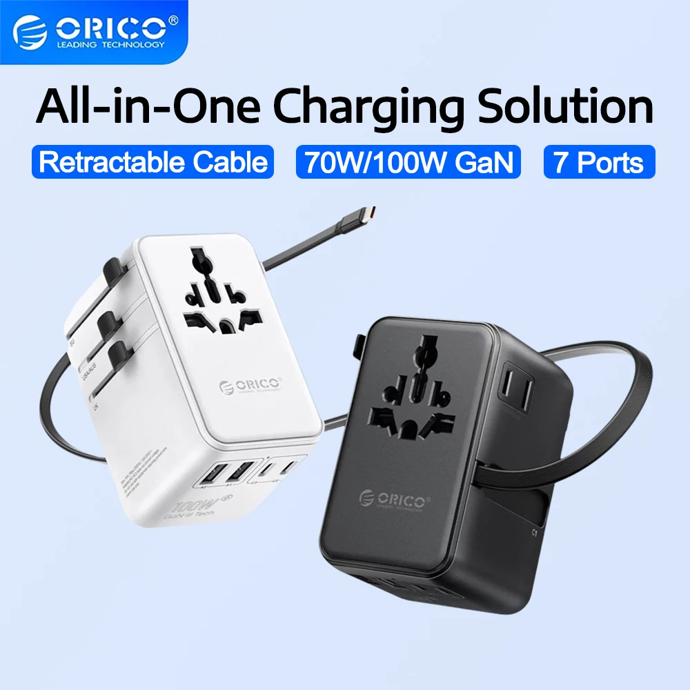 

Универсальный дорожный адаптер ORICO GaN 70W 100W для путешествий по всему миру с кабелем, быстрой зарядкой AC USB A Type C, вилкой для розеток EU/US/UK/AU