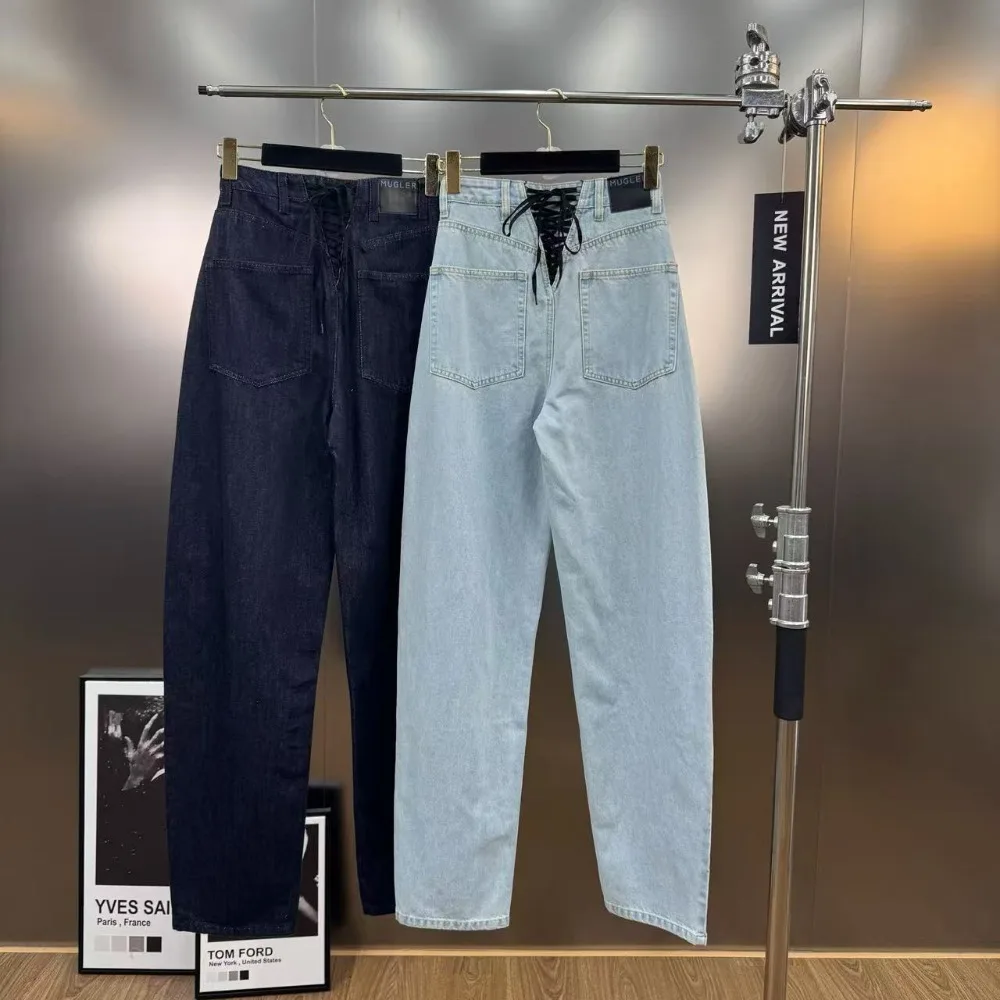 CHICEVER Sexy Spliced Back Lace Up Jeans for Women High Waist Casual Fashionable Slim Straight Leg Pants Female Autumn Clothes