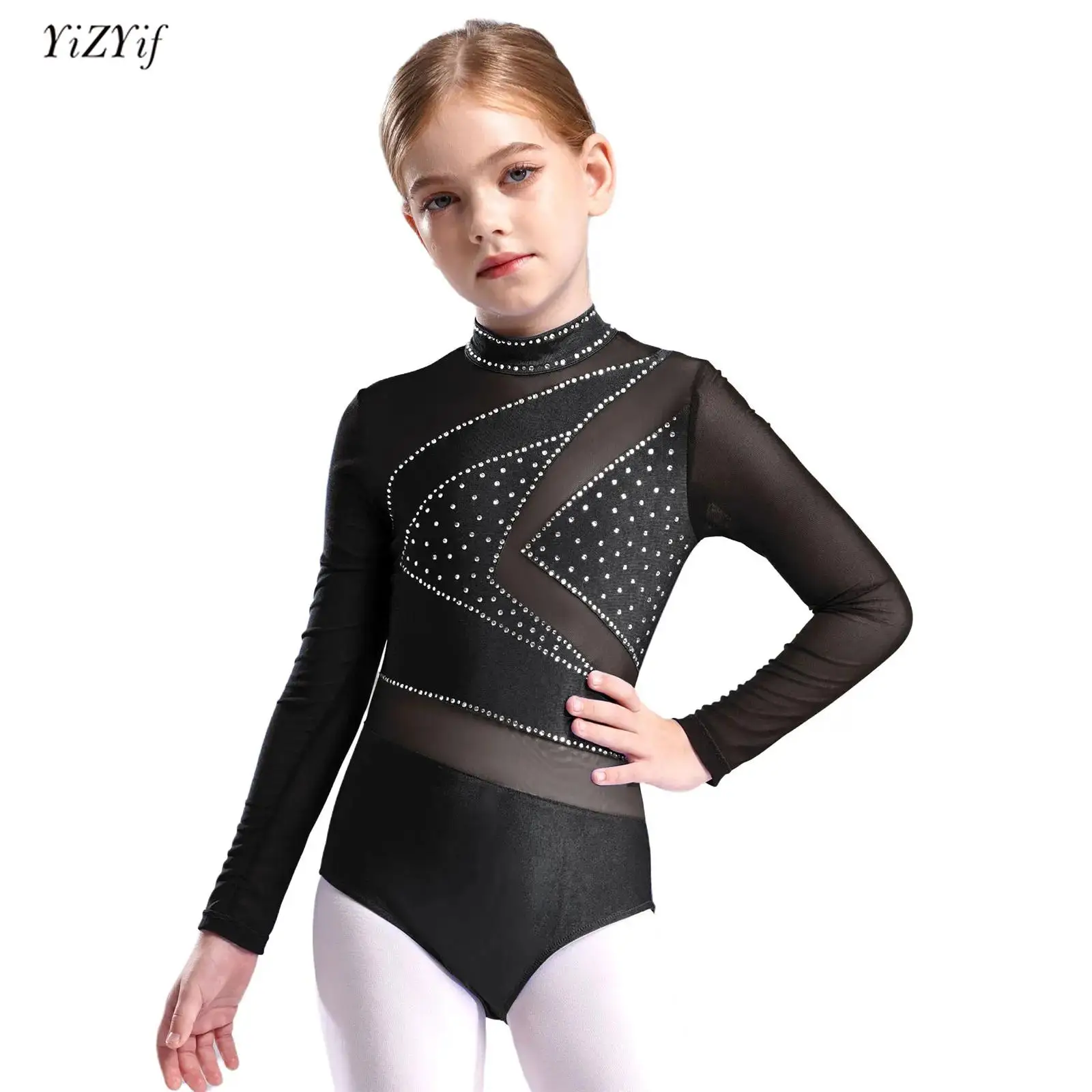 

3Pcs Kids Girls Figure Skating Performance Costume Sheer Mesh Long Sleeve Shiny Rhinestone Gymnastics Leotard+Leggings+Hairband