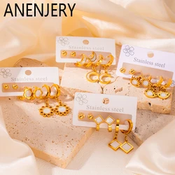 ANENJERY 316L Stainless Steel 6 Pieces Moon Eyes Star Tassels Earrings For Women Elegant Fashion Jewelry Gifts Wholesale