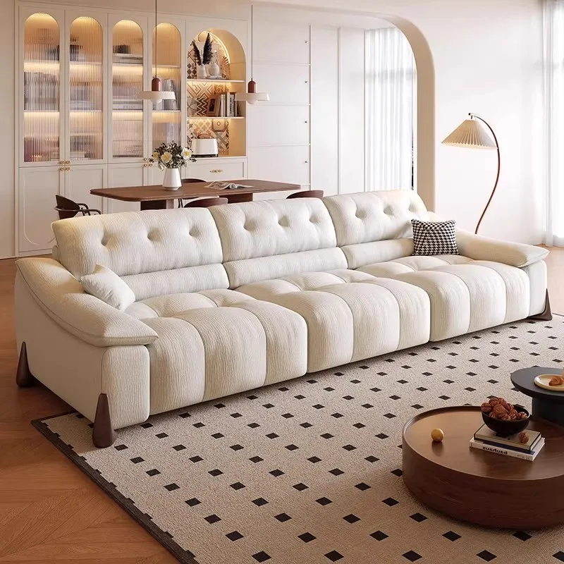 Multi functional telescopic electric sofa bed cream style living room inline row three or four seats fabric