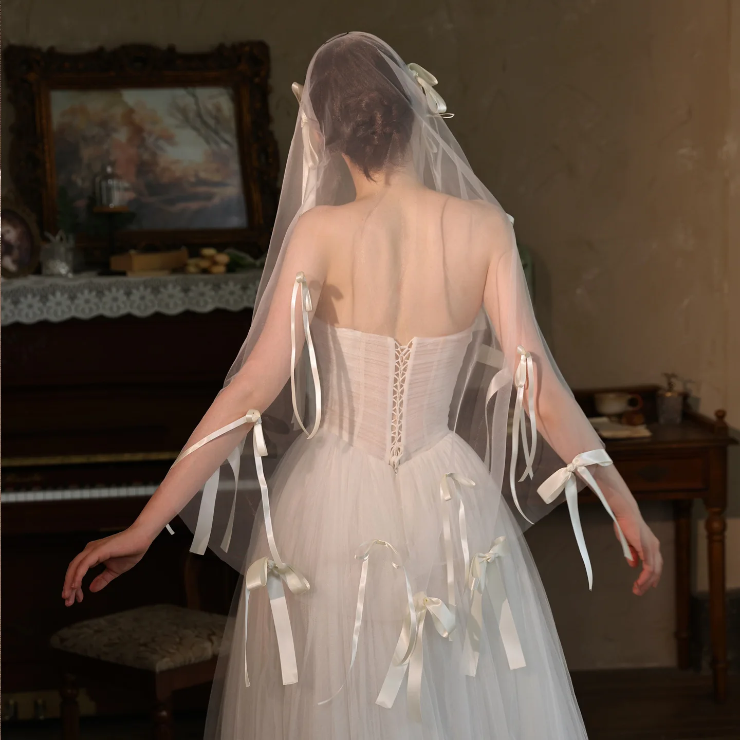 

V516 Super Fairy Champagne Bow Bridal Veil Forest Style Retro Wedding Look Outdoor Photo Shoot Headpiece