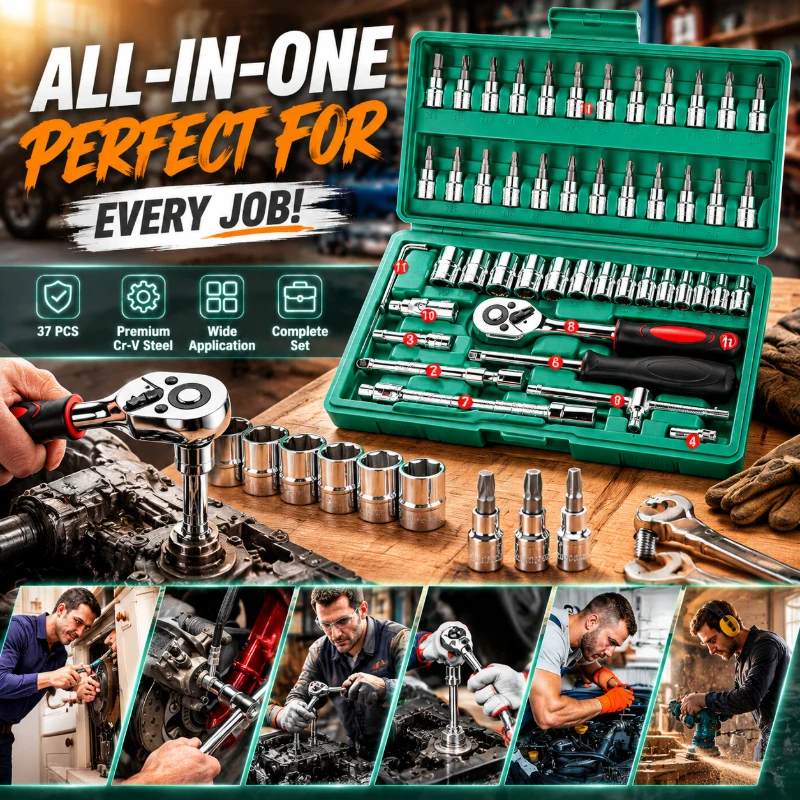 

Green 46Pcs 1/4 Inch Ratchet Socket Set, Portable Hardware Kit for Auto Repair, Car Service and Household Daily Maintenance