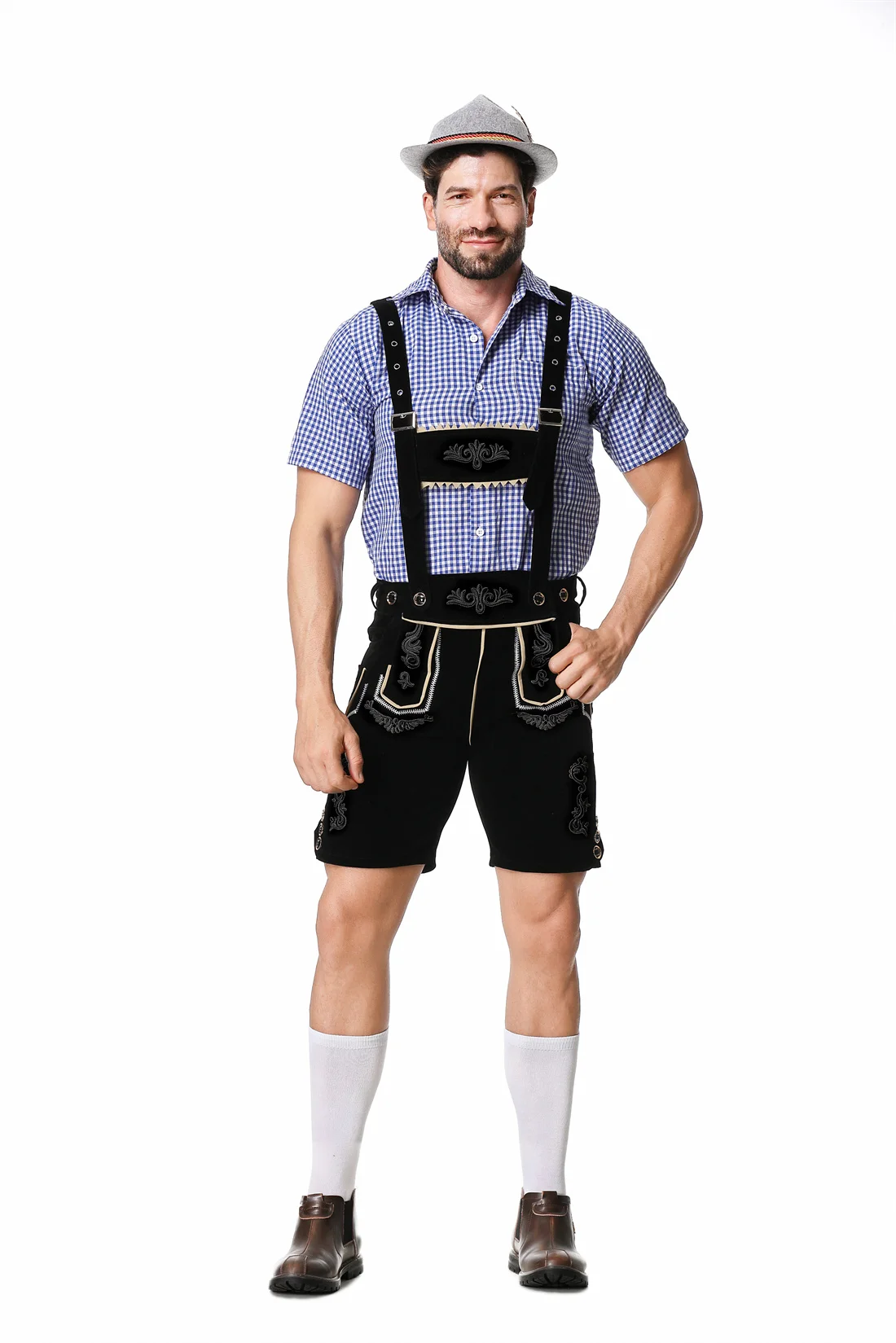 Maschio Oktoberfest Lederhosen Costume bavarese Octoberfest tedesco birra Costume camicia pantaloncini cappello da uomo Halloween Cosplay Outfit