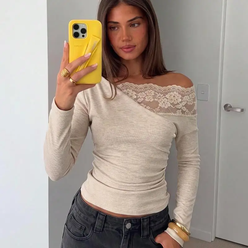 Springautumn New Foreign Trade European American Women Fashion Versatile Lace Splicing Diagonal Shoulder Long Sleevet-Shirt Tops