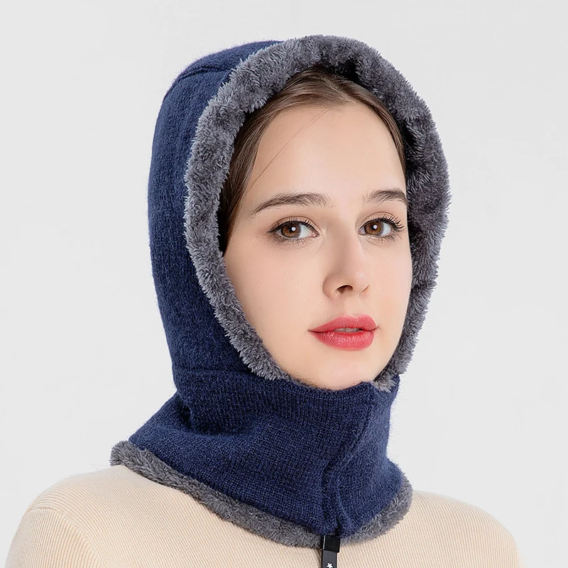 Women Winter Keep Warm Hat with Scarf Fleece Lining Pullover Cap for Outdoor Cycling Knitted Neck Gaiter Hoodie with Face Mask