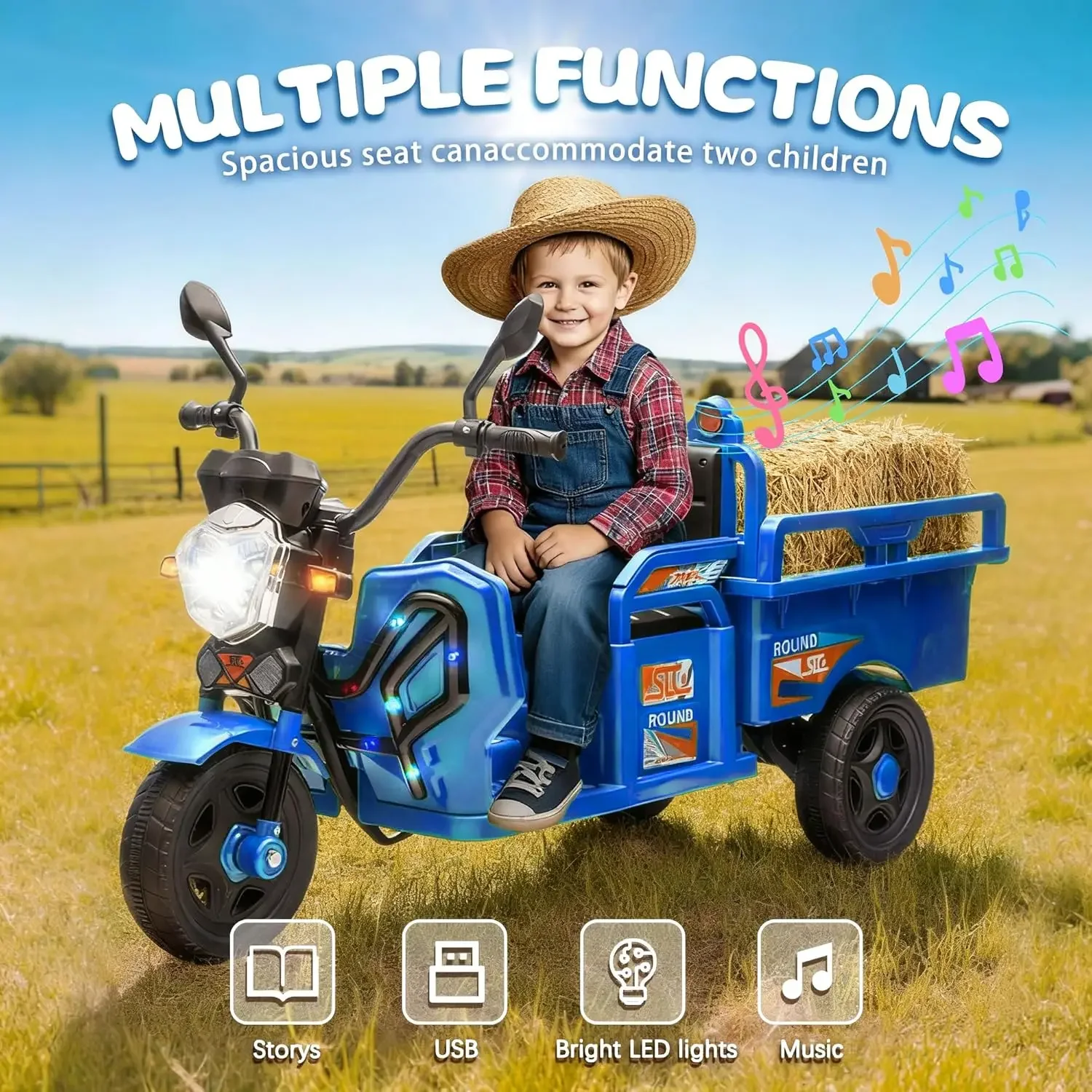 รถสามล้อบรรทุกของสำหรับเด็ก ขับเคลื่อนด้วยแบตเตอรี่ 12V ของเล่นขี่ได้พร้อมพื้นที่เก็บของขนาดใหญ่ รถยนต์ไฟฟ้าสำหรับเด็กพร้อมไฟ LED และเสียงเพลง สีฟ้า
