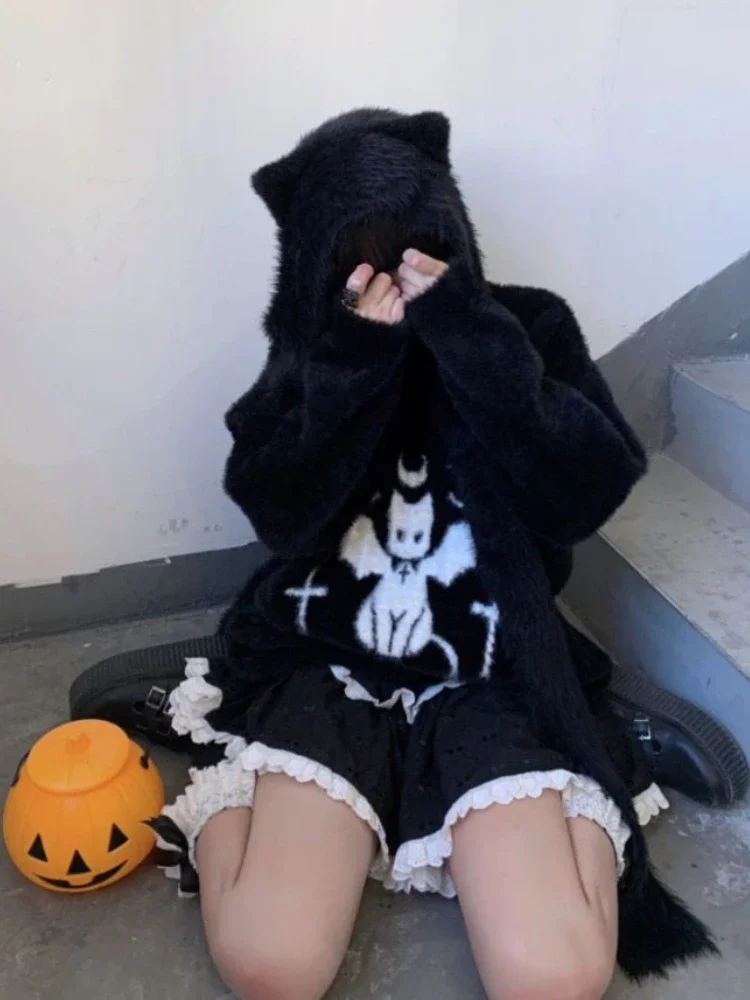 Y2k Aesthetic Streetwear Sweet Casual Hats Harajuku Solid Fashion Knitted Hat Women Autumn Winter All Match Cute Cat Ears Cap