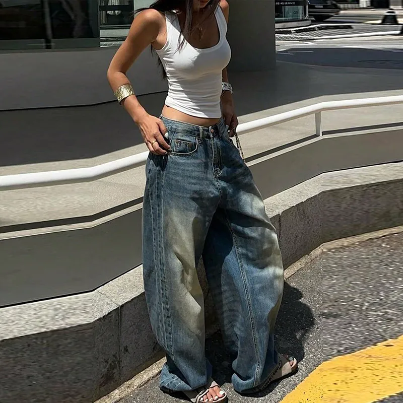 Calças jeans largas de grandes dimensões para mulher y2k harajuku hip-hop vintage pop gótico cintura alta calças largas streetwear