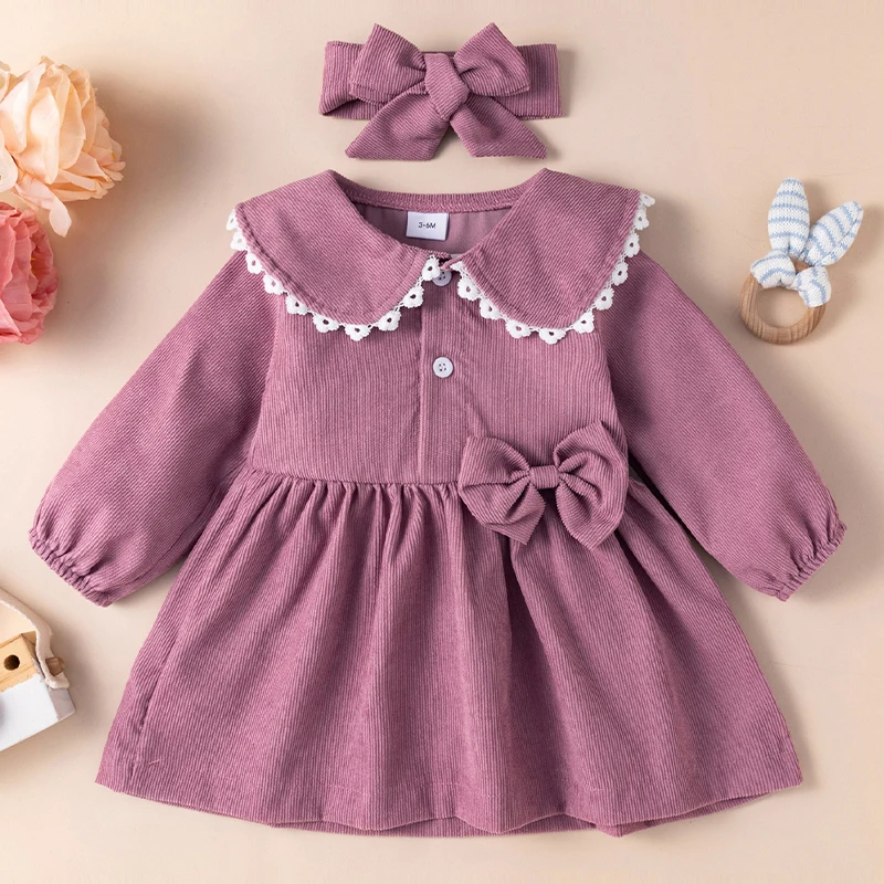 2PCS Autumn and Winter Baby Girl Rose Corduroy Lace Button Dress with Bow Headband Accessories Kid Suit 3M-24M