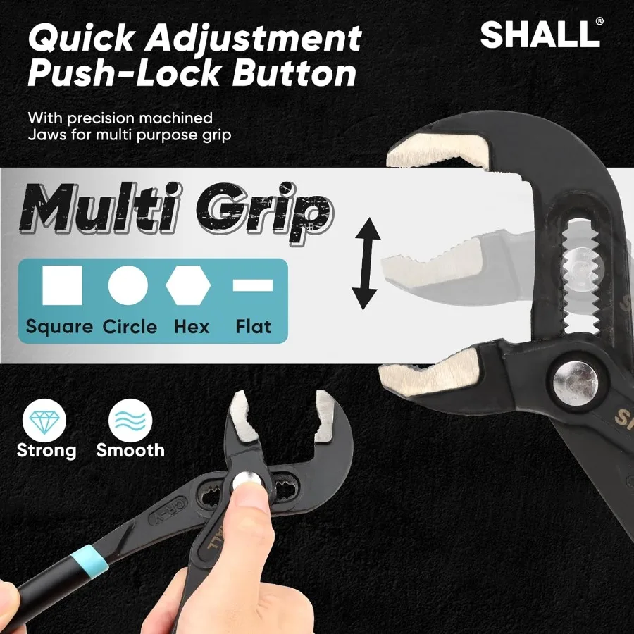 Juego de alicates para juntas de ranura de 3 piezas, 12 91, 2 y 7 pulgadas, con mecanismo PushLock en acero CrV para fontanería y reparación del hogar de ajuste rápido