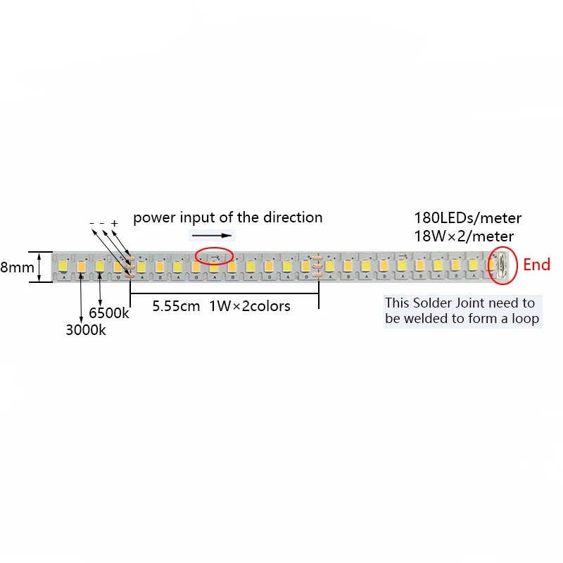 3 meters 2835 180D dual colors Bendable constant current lamp strip 6mm Width for repairing chandeliers, 3000K+6500K LED ribbon