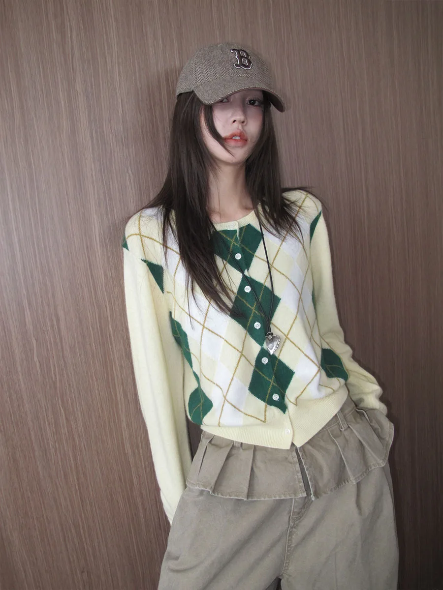 

Chic Diamond Pattern Women's Knitted Sweater Color Blo Casual Sle Long Sve round Ne Open Cardigan Early Autumn Top