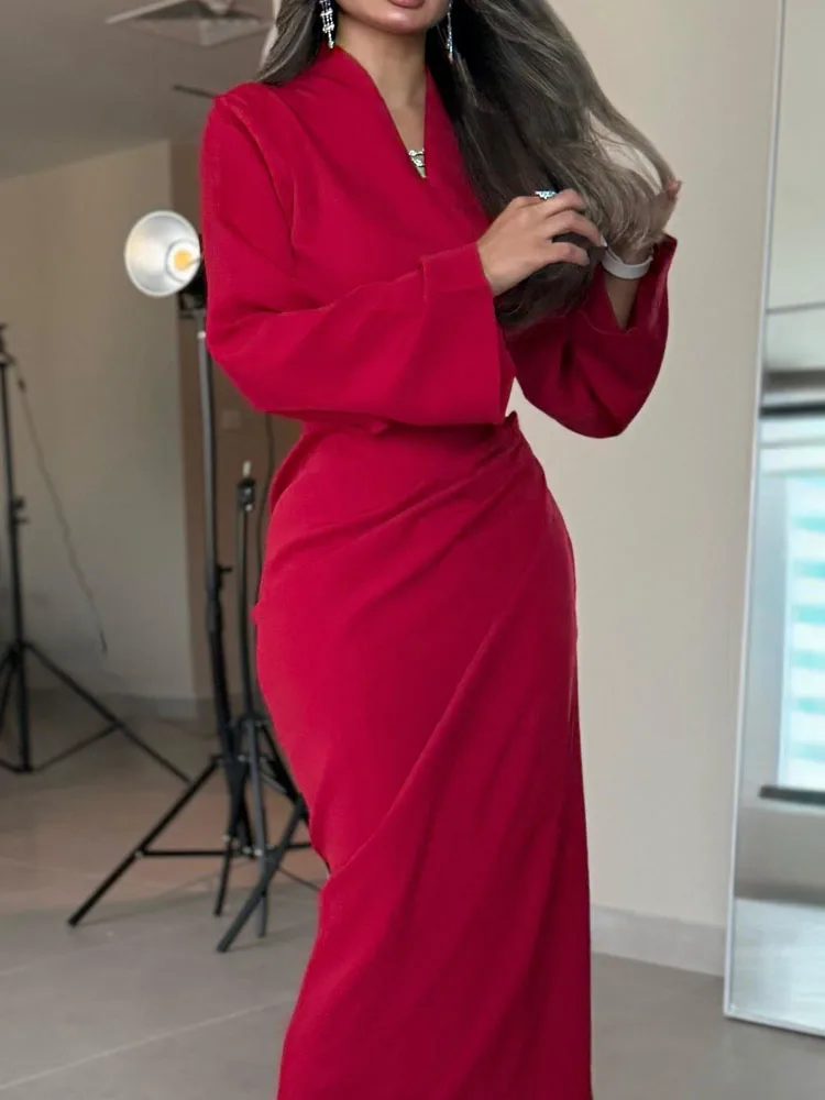 فستان أحمر عالي الخصر مطوي للمكتب على شكل حرف a فستان غير رسمي بقصة ضيقة للحفلات فساتين ماكسي للسيدات برقبة على شكل حرف v وأكمام طويلة للخريف #6