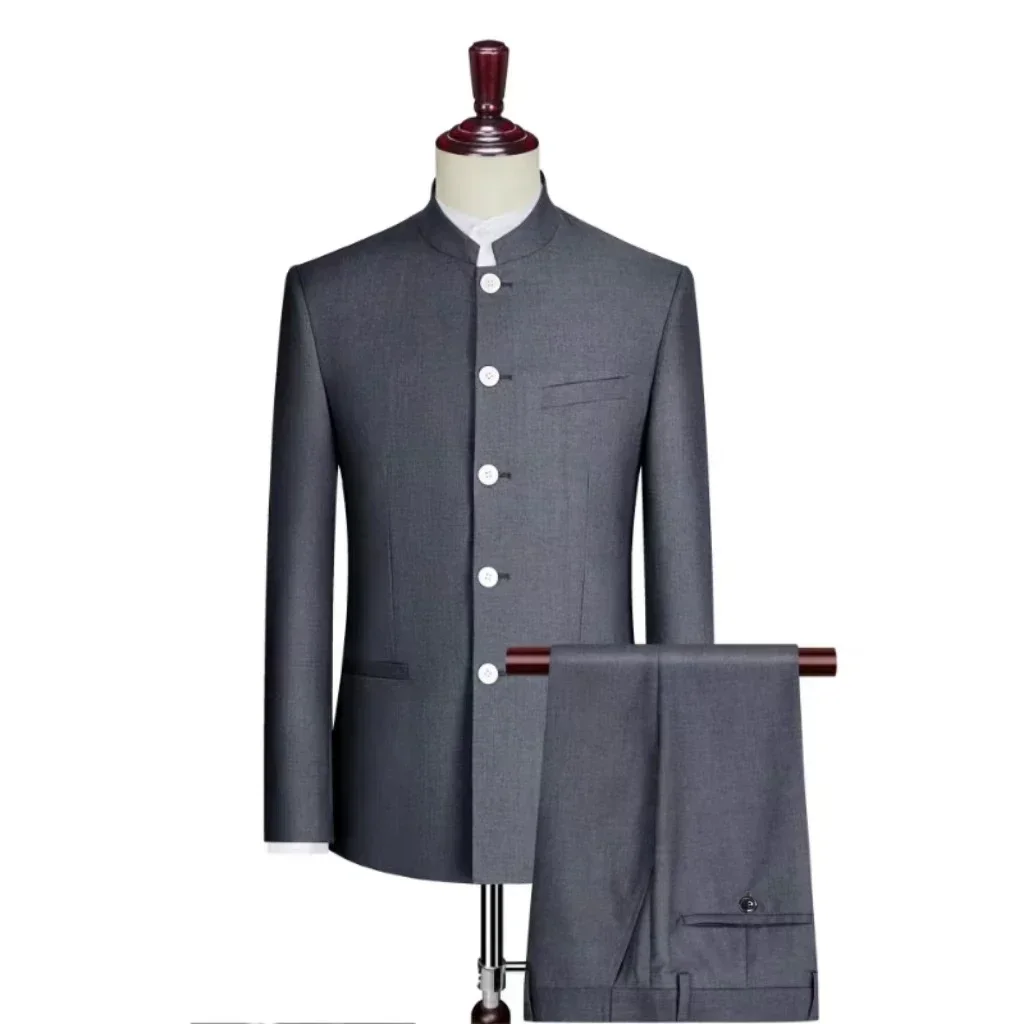 Elegant Slim Fit Formal Men\'s Chinese Suit Stand Collar 2 Pieces Suits Formal Traditional Uniform for Wedding Business