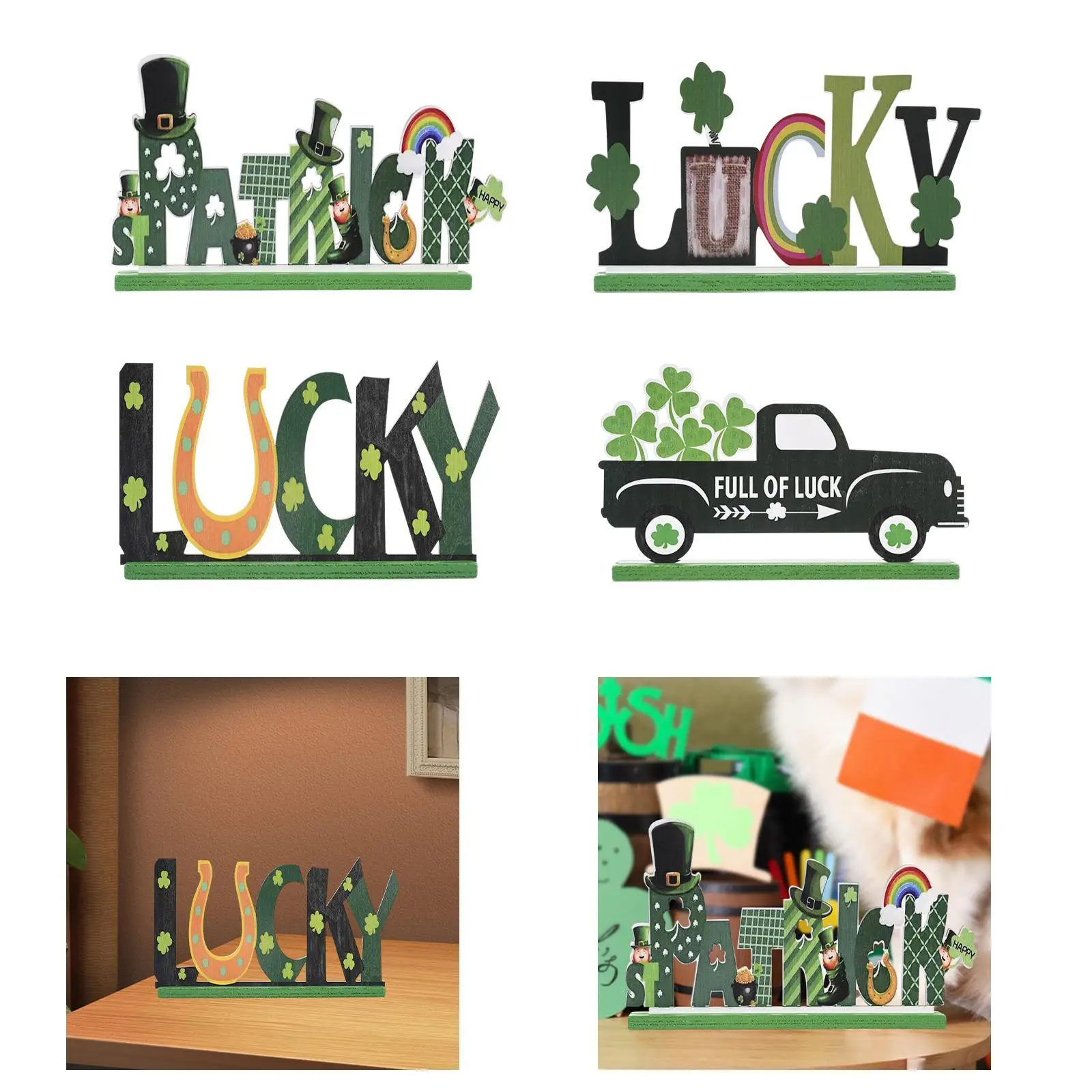 ST Patricks Day Sculpture Home Decors Wooden Letter Ornament for Spring Xmas Holiday Window and Dining Room Cabinet Shelf Party