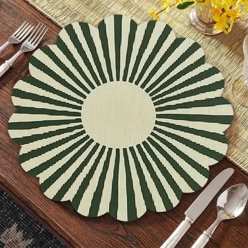 VIKAMA Dark Green Sunburst Striped Scalloped Round Placemats Retro Boho Washable Farmhouse Dining Table Decor Mat