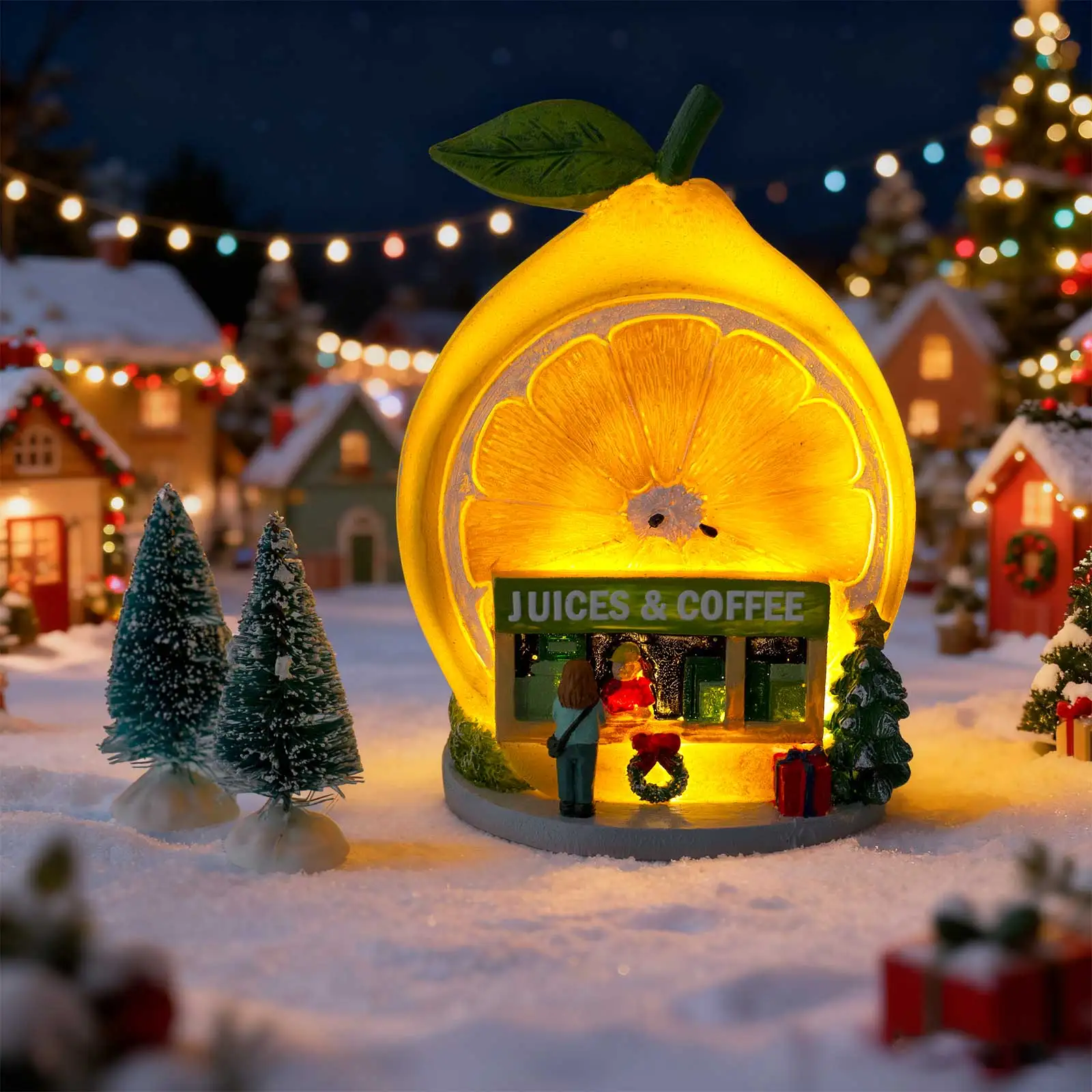 Weihnachtsdekoration für Zitronensaft und Café, LED-beleuchtete Feiertags-Sammelfigur, verschneite Dorf-Weihnachtsdekorationen – Detail 4