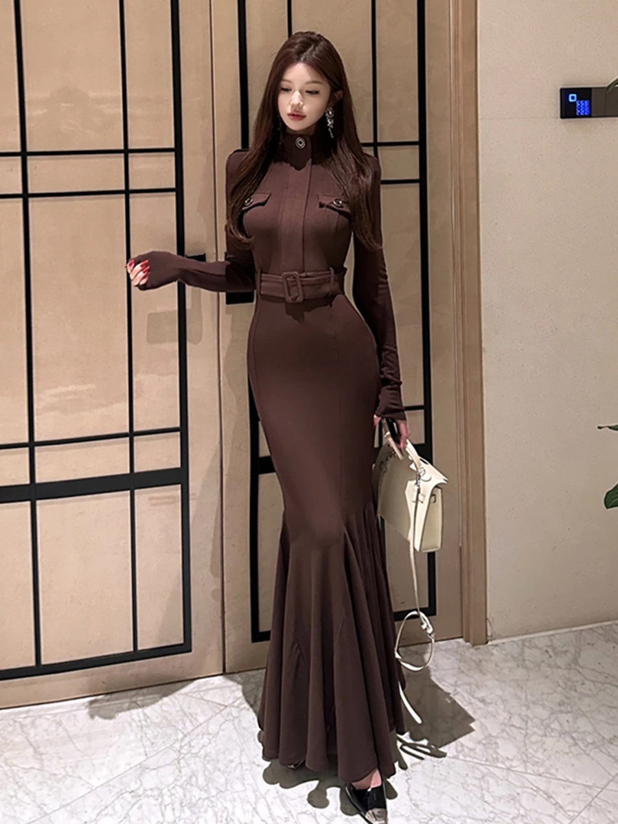 

Ele Высокая талия, сексуальное длинное платье, облегающая юбка с воротником-стойкой, облегающая женская юбка для свидания и пар