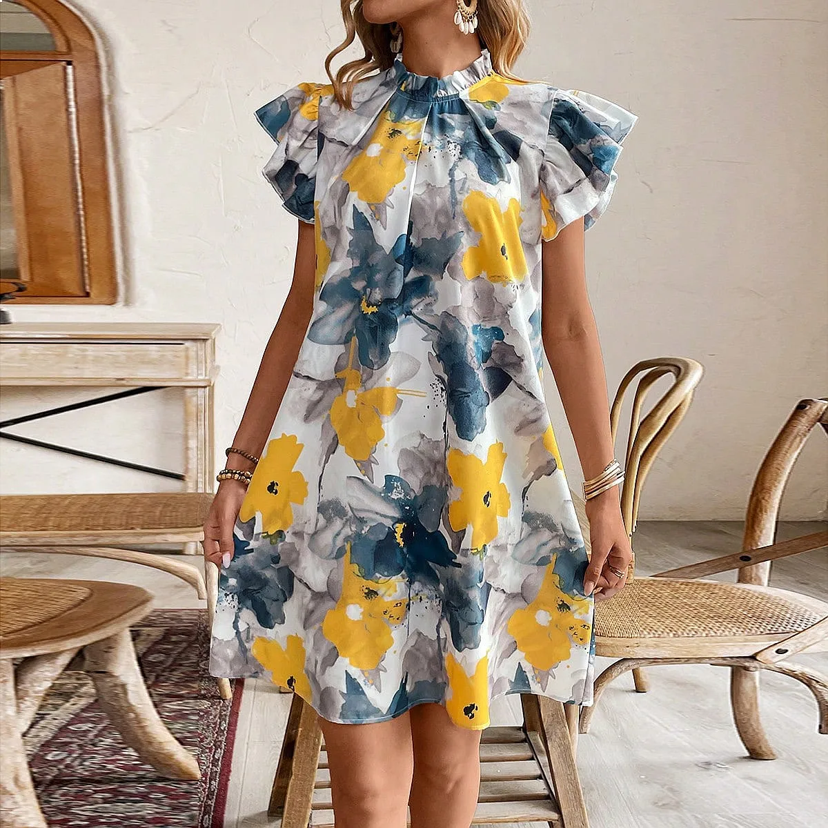 

Summer Print V Neck Short Sleeve Loose Dress Dresses Spring Summer Casual Flowy Tunic Tops