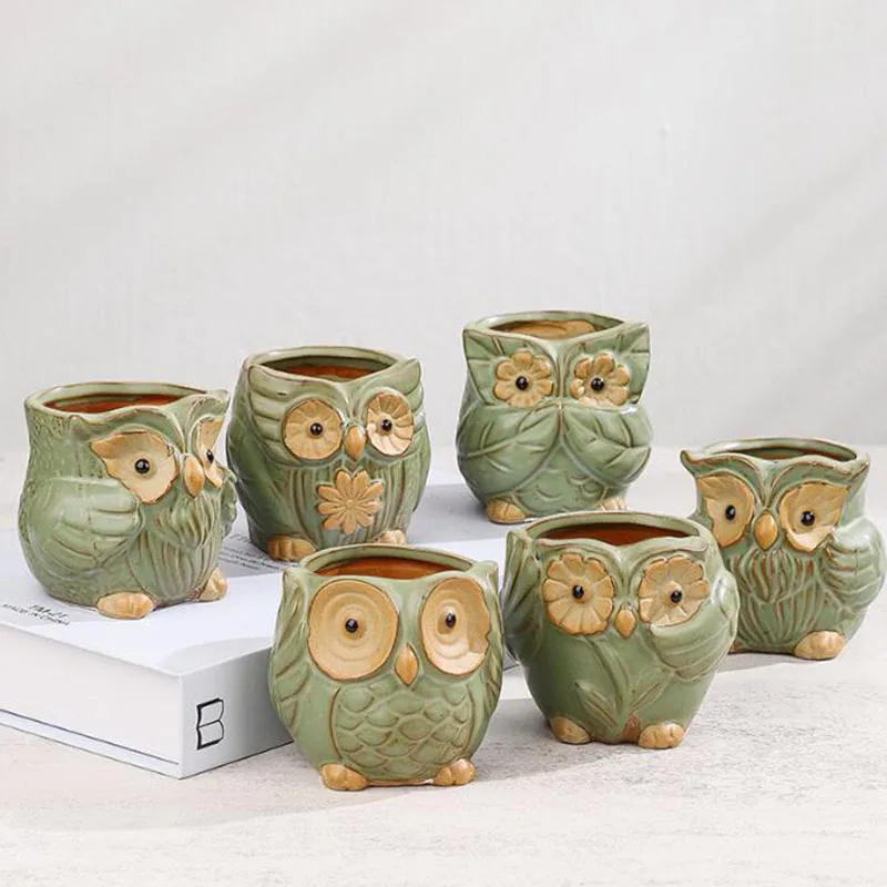 Ceramic Succulent Plant Pot Cute Expression Owl Flowerpot Breathable Vase Planter Tabletop Home Bonsai Decor